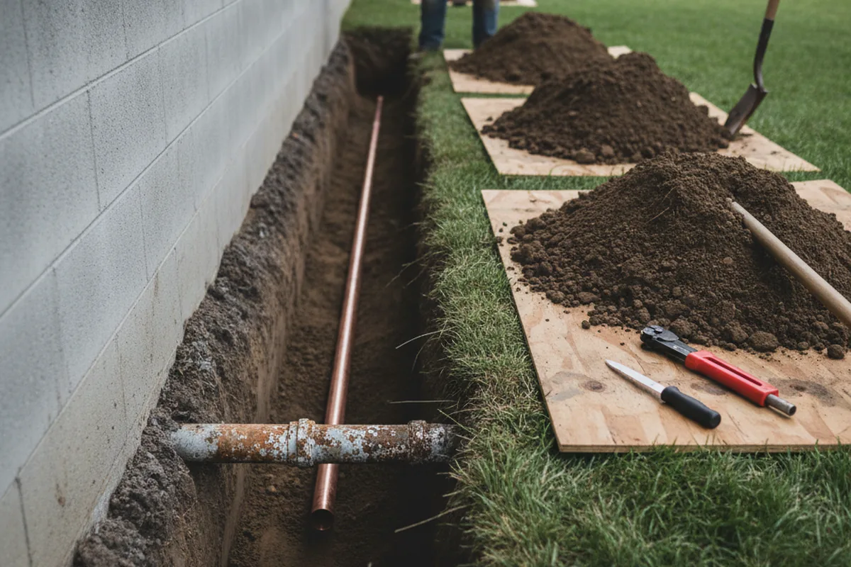 Excavated water line trench during Water Softener Installation in Campton